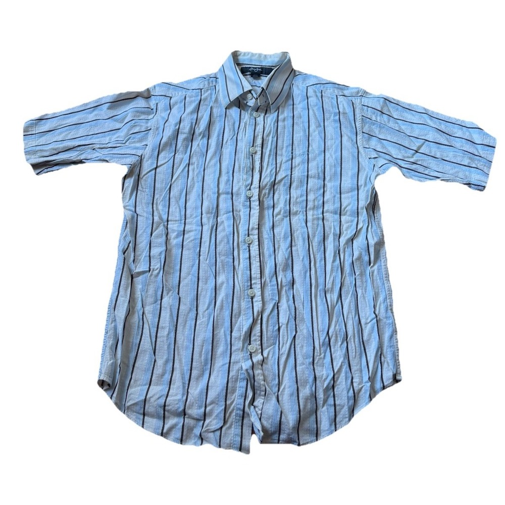 Sean John Mens Short Sleeve Shirt Blue Tan Striped Button Up Large Y2K
